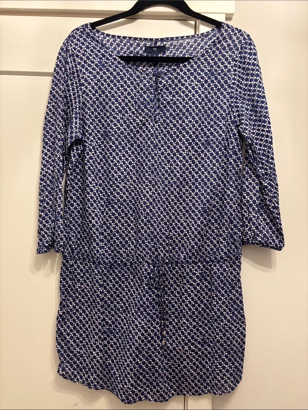 GAP Blue and White Long Sleeve Drawstring Waist Dress